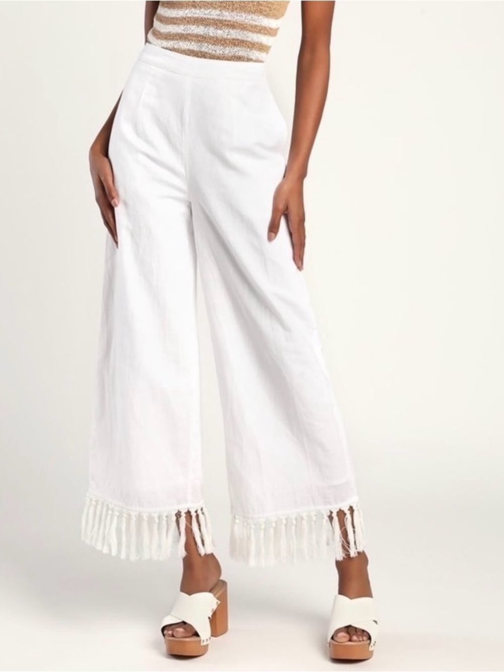 LULUS Women’s Blissfully Boho Ivory Tasseled Wide-Leg Pants size Medium